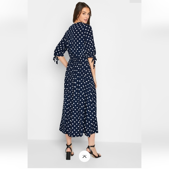 Long Tall Sally Navy Blue white polka dot tie sleeve midi dress US Size 10 - Picture 5 of 12
